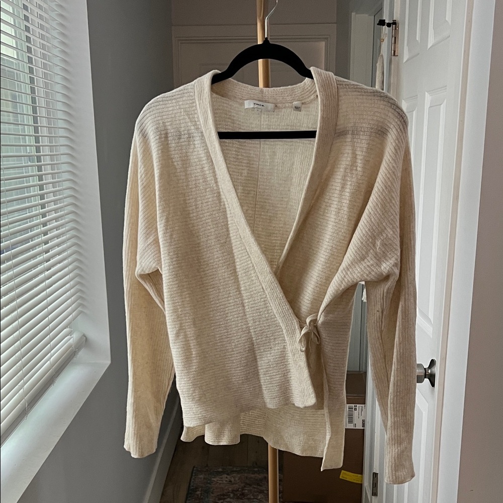 Vince Cream Ribbed Cashmere Wool Wrap Long Sleeve Sweater Top S $445